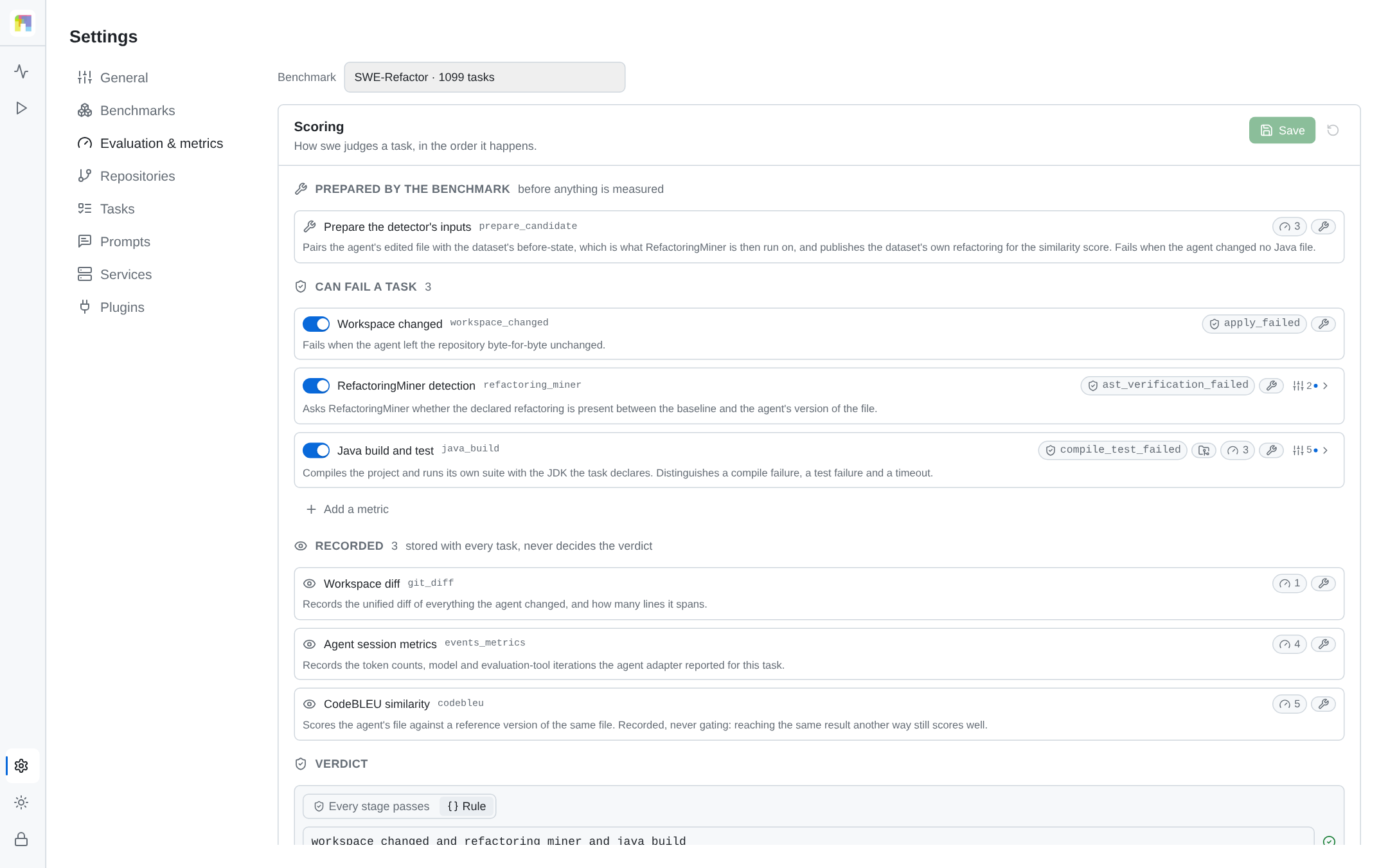 Settings, Evaluation and metrics: the verdict rule over three gating stages, each with its failure reason, what it records, which plugin provides it and how many options it accepts, above the metrics recorded on every task