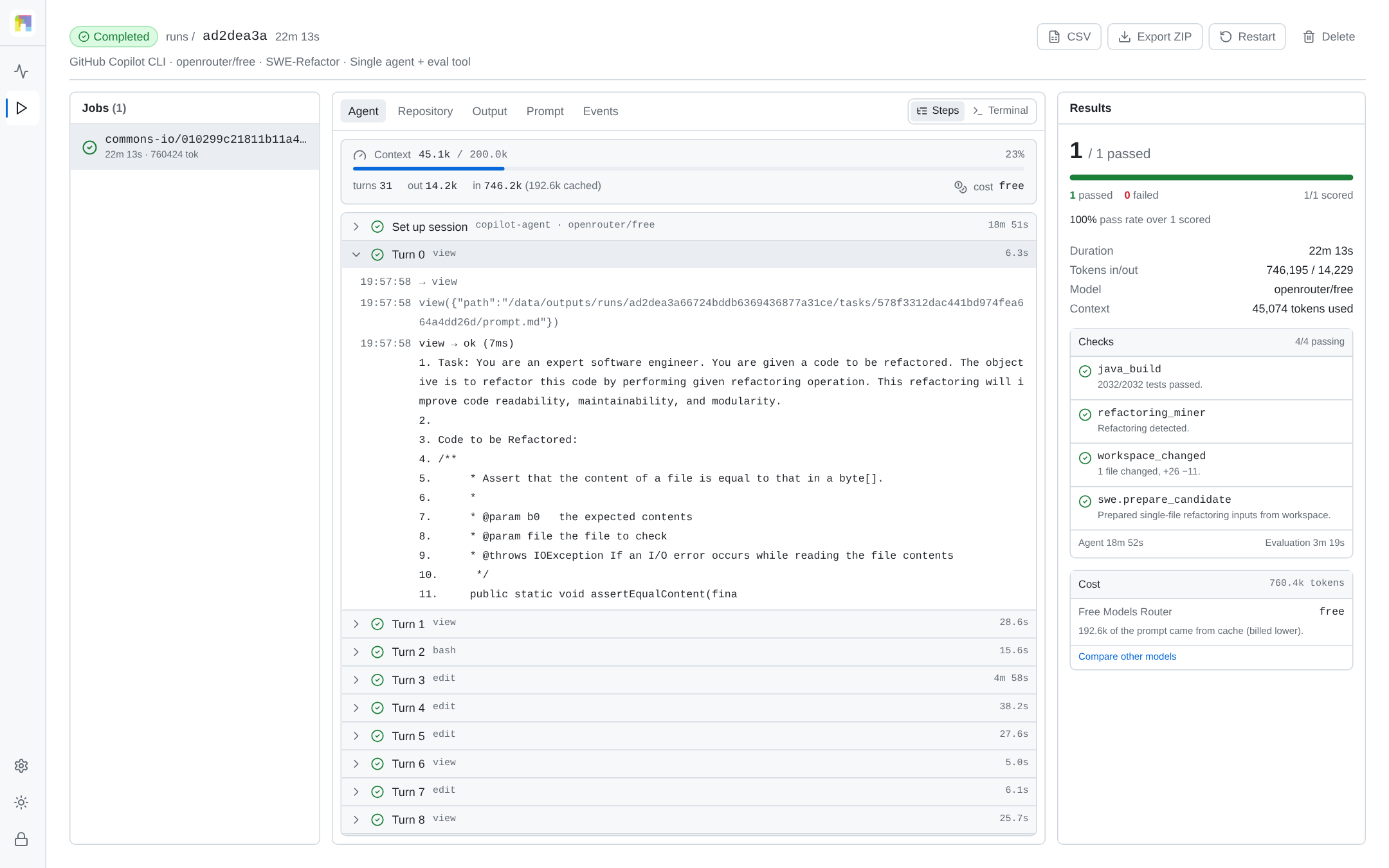 Run detail: agent steps on the left, live terminal and diff in the centre, evaluation checks and token accounting on the right