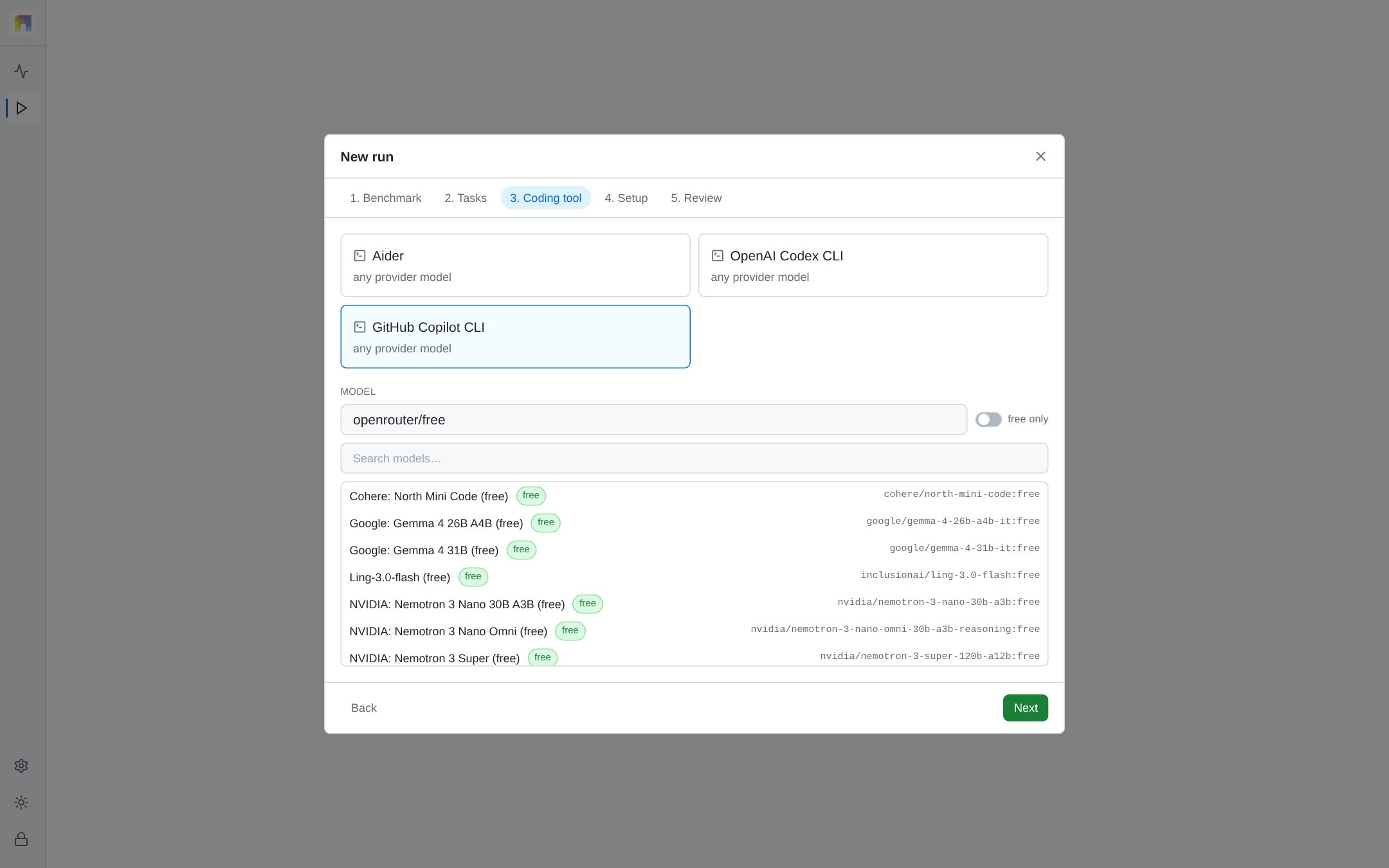 Coding tool step: the agent plugin, a free-text model field, and the provider's searchable model catalogue